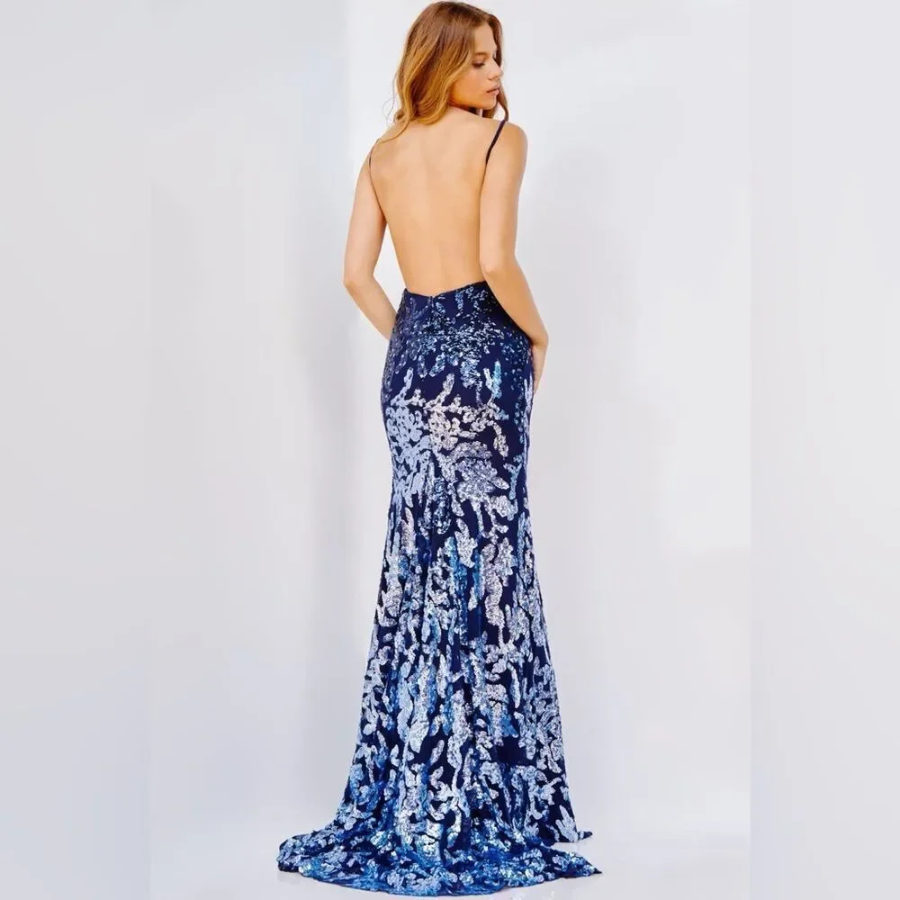 NWT Jovani 09749 Sequin V Neck High Slit Gown Dress